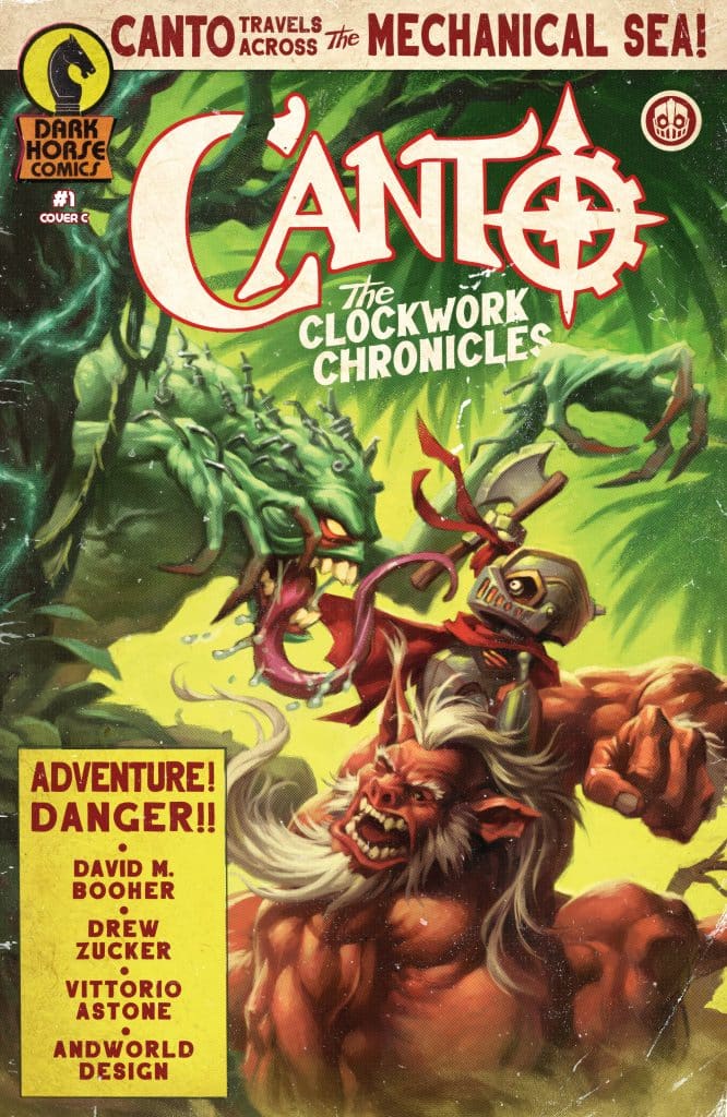 Comic book cover for 'Canto: The Clockwork Chronicles' featuring Canto, a small knight with a sword, battling against a monstrous creature in a colorful, action-packed scene. The title prominently displayed along with the tagline 'Adventure! Danger!!'
