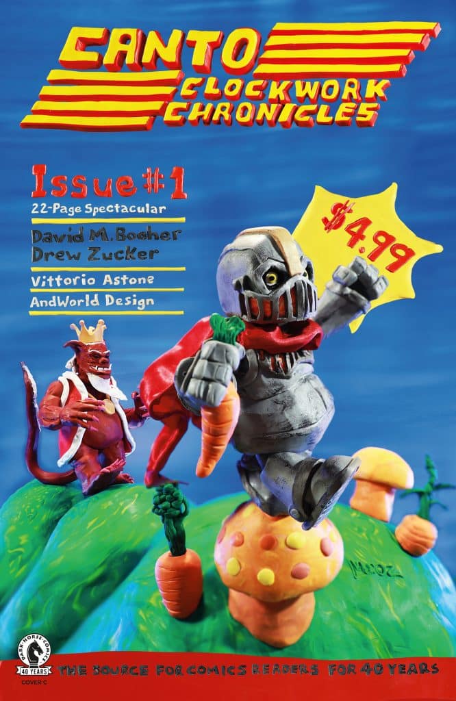 Cover of Canto: Clockwork Chronicles Issue #1 featuring colorful characters, including a robot and a red creature, set against a whimsical landscape with oversized carrots and mushrooms. Text elements indicate the issue details and pricing.