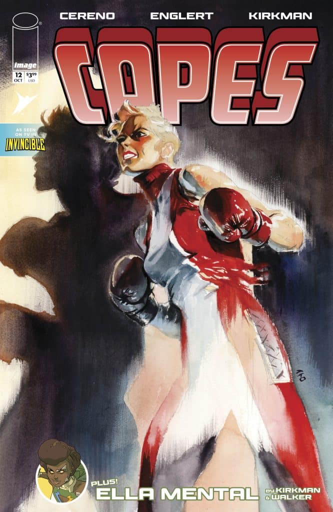 Comic book cover titled 'Capes' featuring a female character in boxing gloves and a red and white costume, with a fierce expression. The cover includes the names of the creators and mentions a feature titled 'Ella Mental'.