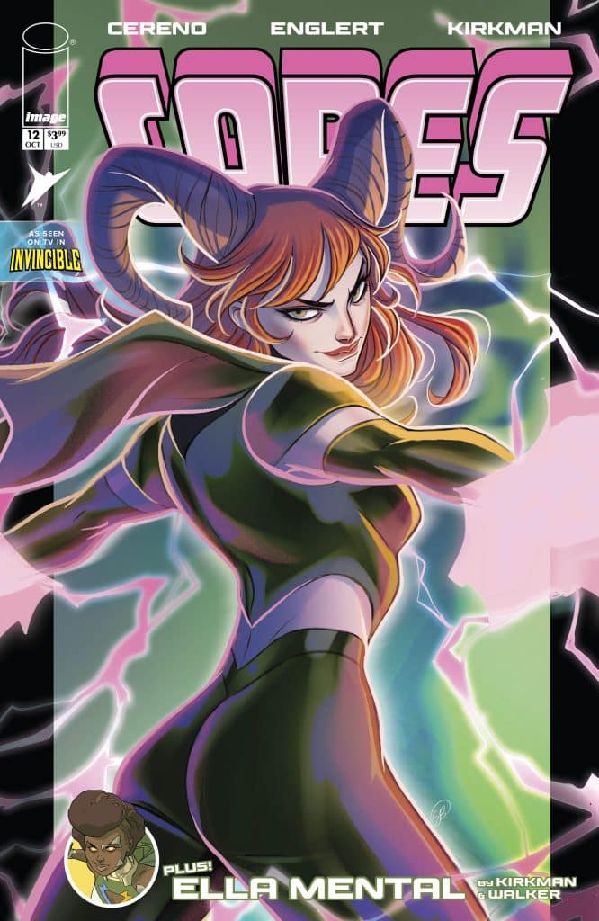 Comic book cover featuring a villainous character with horns and fiery hair, set against a dramatic, colorful background with lightning effects. The title 'Soares' is prominently displayed at the top.