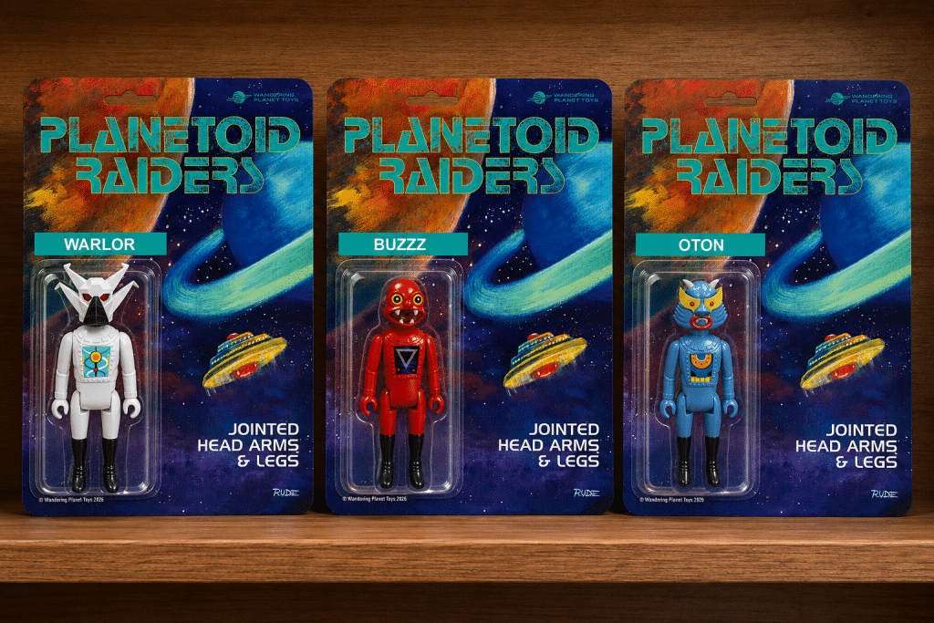 Three action figures from the 'Planetoid Raiders' collection, featuring characters named Warlor, Buzzz, and Oton, displayed in packaging with a colorful space background.