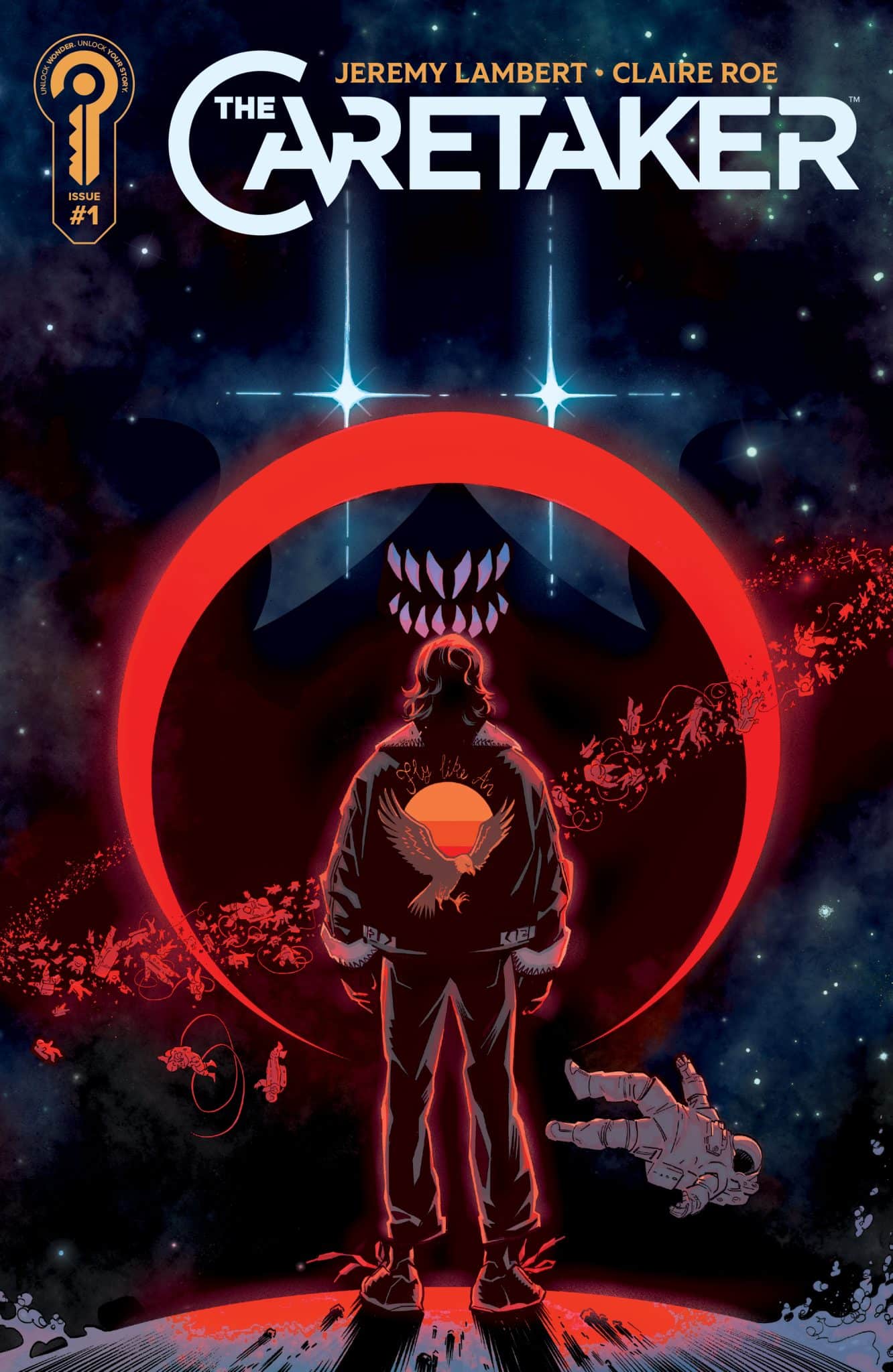 Cover of 'The Caretaker' comic book featuring a figure standing with a symbolic eagle design on their back, gazing at a cosmic landscape with a large red circular element and an astronaut floating nearby.