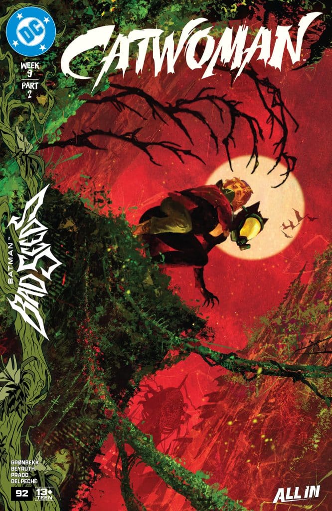 Comic book cover featuring Catwoman in a vibrant and dark forest setting, holding a lantern with a full moon in the background.