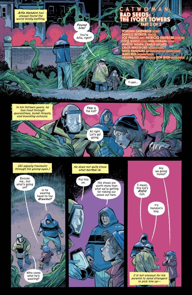 A comic panel featuring characters in a green, vine-covered environment. A boy in a blue outfit is being spoken to by adults wearing protective clothing. One character questions the boy's attire while another expresses urgency to leave. Dialogue suggests a sense of tension and concern for the boy's safety.