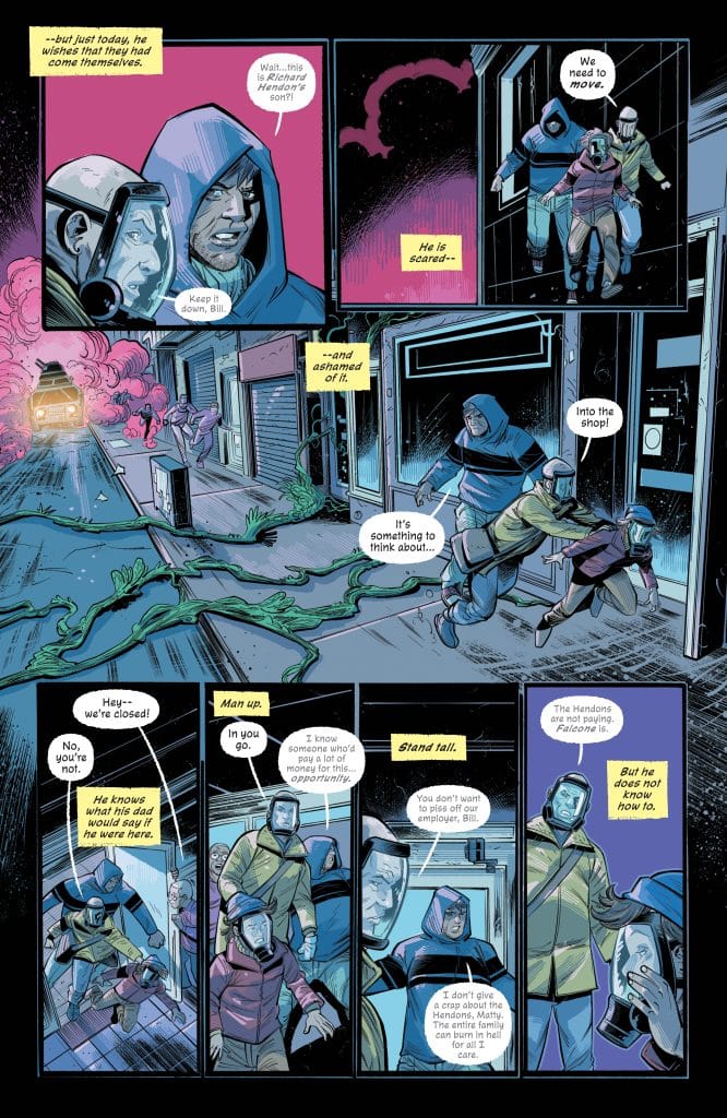 A comic book page depicting a tense scene with characters in hoods and protective gear. They appear startled and engaged in conversation about a person named Richard Henton's son. The background shows a dark street with a vehicle approaching and green vines or smoke creeping across the pavement.