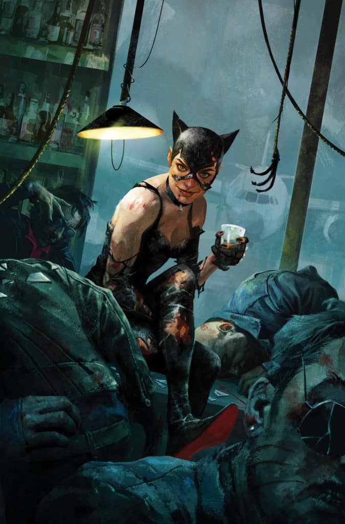 A female character wearing a black mask and a dark outfit with scars and dirt sits on a table among defeated characters in a dimly lit, gritty setting. She holds a drink and looks directly at the viewer, exuding confidence and defiance.