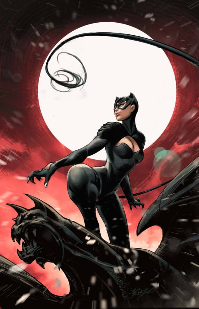 A stylized illustration of a female character in sleek black attire, posed confidently against a dramatic red and white background, with a menacing creature below her.