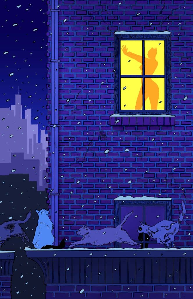 A silhouette of a person with arms raised in a brightly lit window of a brick building at night, with falling snow and a city skyline in the background, while several cats are seen on the ledge below.