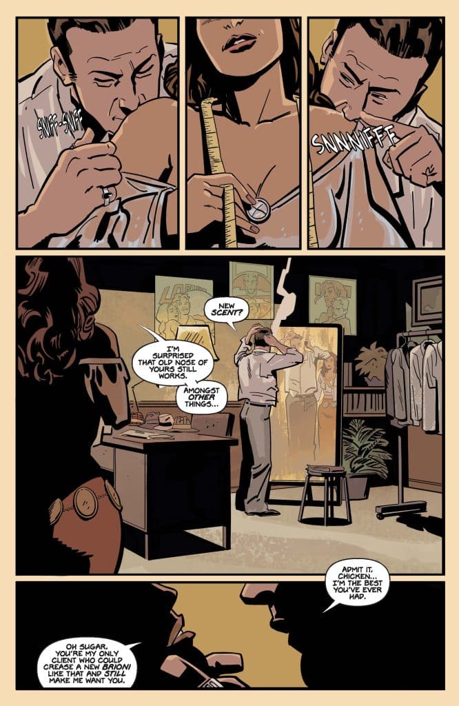 A comic panel featuring a man sniffing a woman's shoulder while she holds a measuring tape. The scene reflects playful banter about scents and attraction.