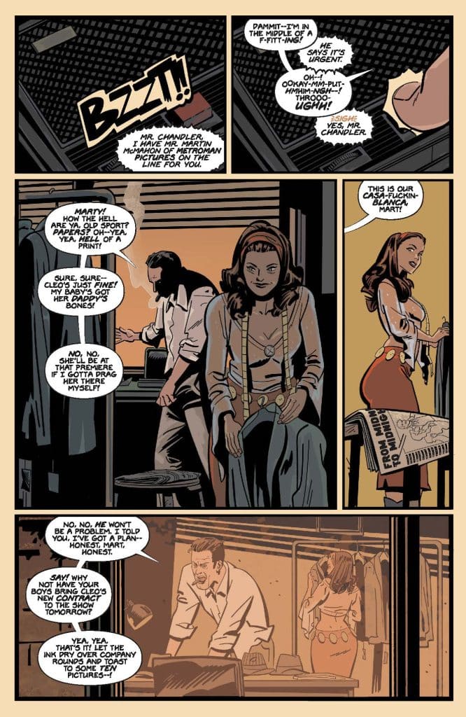 A comic strip featuring a telephone conversation with buzzing sound effects. A man named Mr. Chandler is interrupted while fitting clothes, discussing a meeting with Mr. Martin McMahon regarding movie pictures. Several characters are involved, including a woman in stylish attire and a man engaged in conversation. The setting appears to be a fitting room or studio.