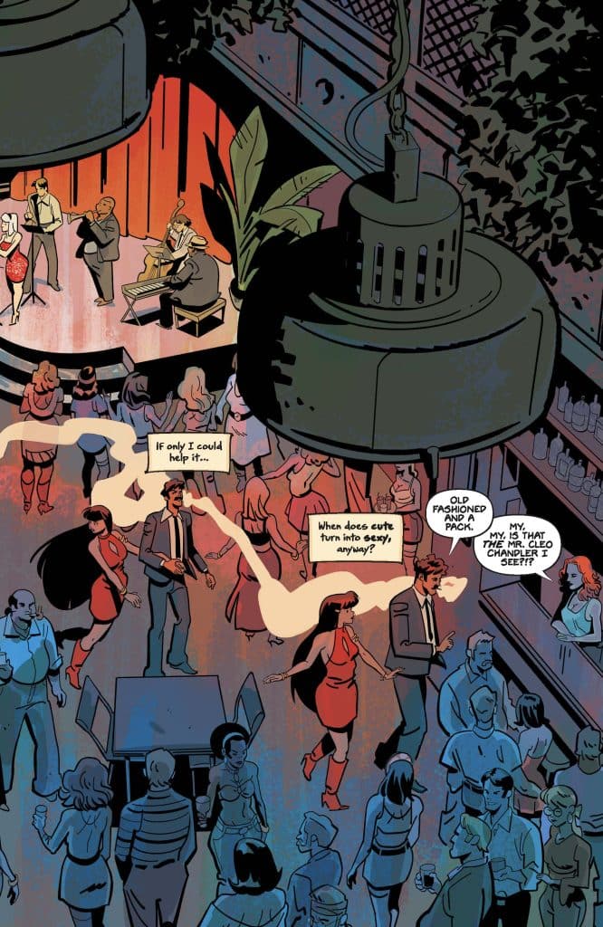 A lively bar scene featuring a live band on stage, with patrons dancing and socializing. The atmosphere is vibrant, with colorful lighting and various characters engaging in conversation.