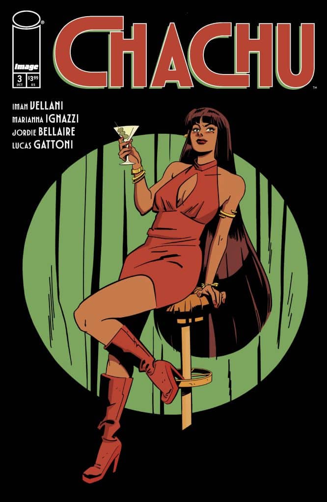 Comic book cover featuring a woman in a red dress and matching boots, holding a martini glass, seated on a stool against a circular green background. The title 'Chachu' is prominently displayed at the top.