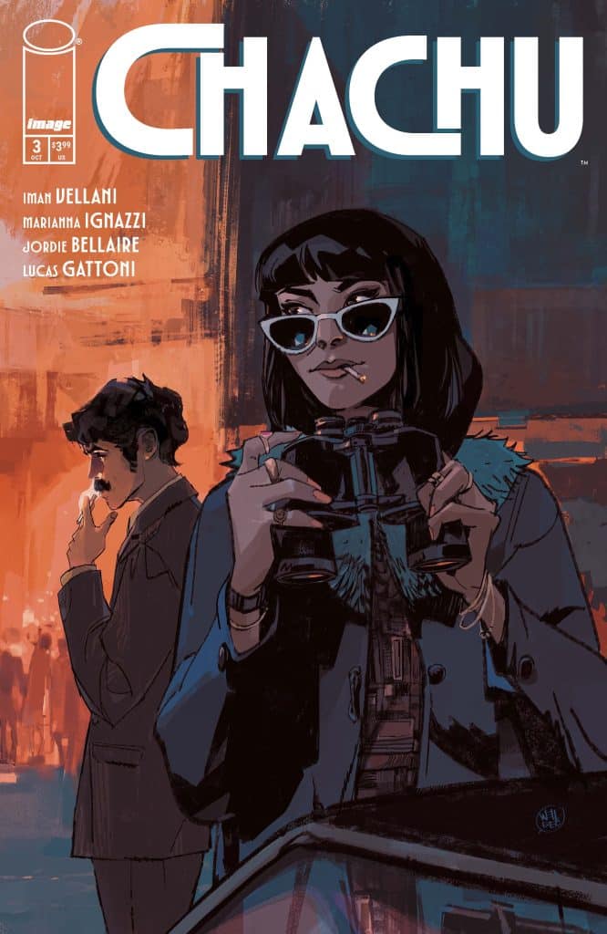 Cover of 'Chachu' comic issue 3 featuring a woman with sunglasses holding binoculars and a man in the background in a dimly lit urban setting.