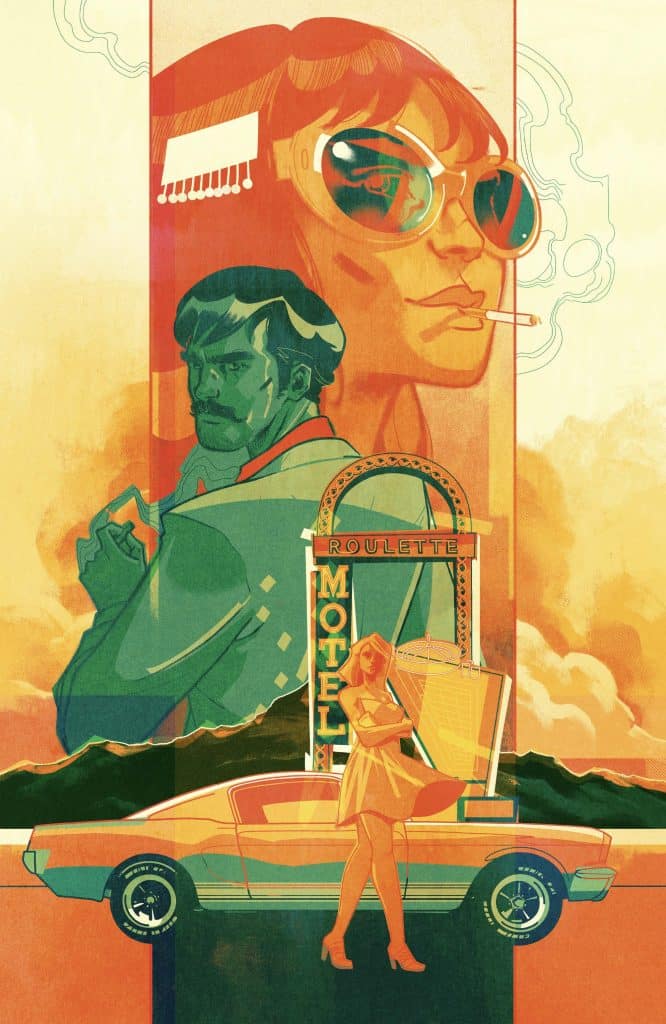 An illustrated scene featuring three characters in a vintage style, with a man in a green suit and a woman in sunglasses and a cigarette, alongside a retro motel sign and a classic car.