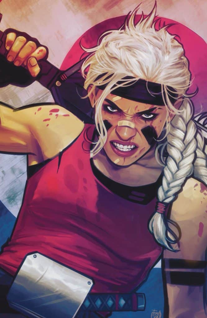 A fierce female character with white hair, wearing a red tank top, and wielding a weapon. She has an intense expression, with war paint on her face and a black headband.