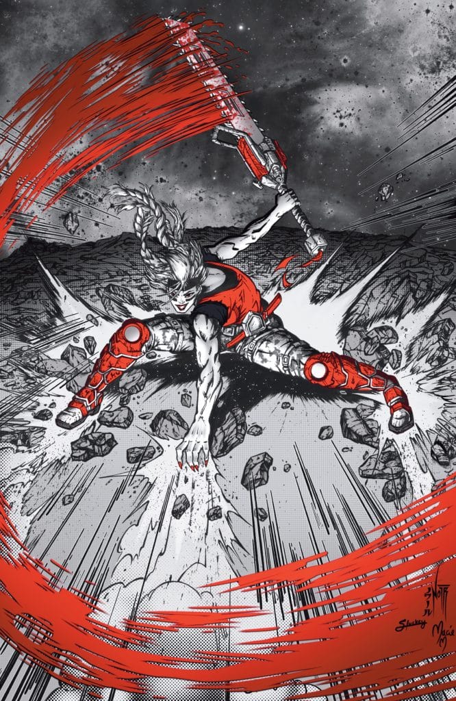 A dynamic illustration of a muscular character in action, wielding a large weapon. The figure is depicted in a dramatic pose with red accents, surrounded by flying rocks and dust, emphasizing strength and movement.
