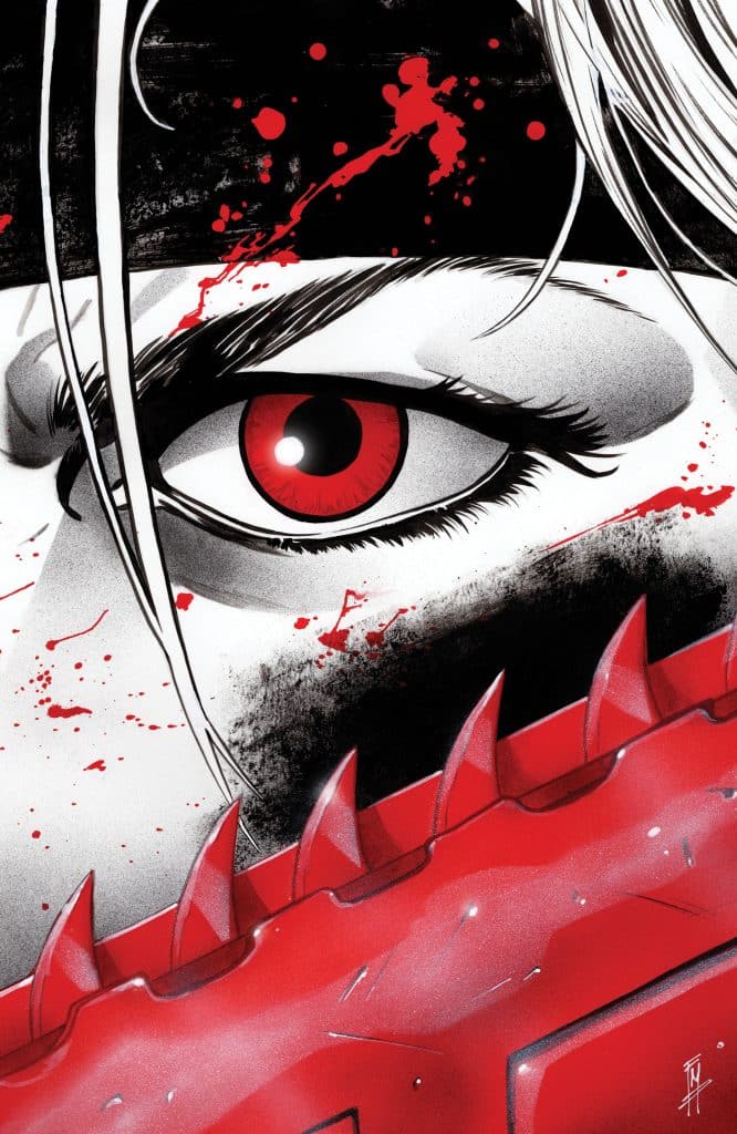 Close-up illustration of a character's intense red eye with black and red background, featuring splashes of red and a partially visible red weapon in the foreground.