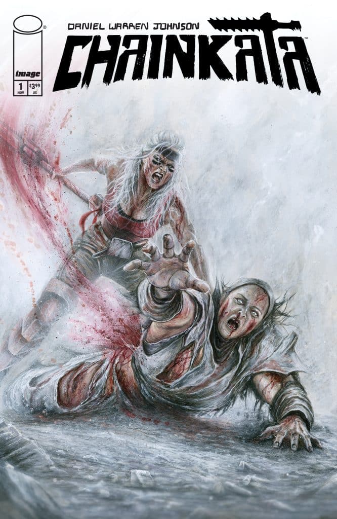 Cover art for the comic book 'ChainkaTA' featuring a fierce woman with blood on her clothing, pulling herself towards the viewer, while another figure wields a weapon in the background.