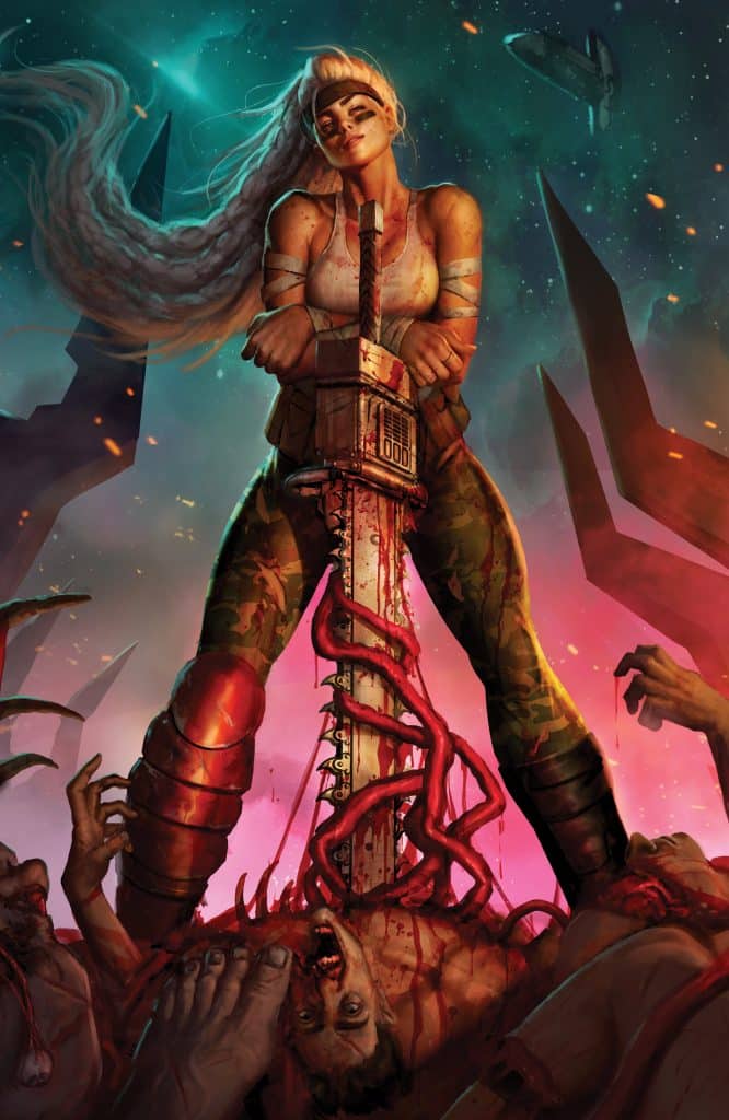 A muscular woman standing triumphantly with a chainsaw embedded in the ground, surrounded by monstrous figures and dark, surreal elements in a vibrant cosmic background.