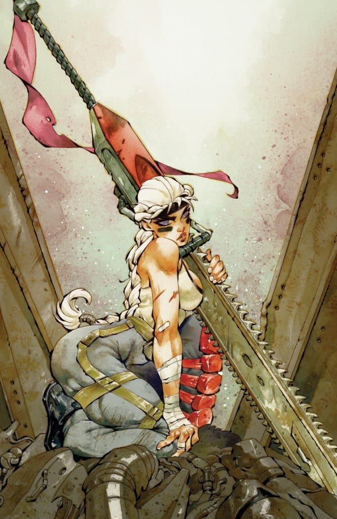 A female character with long white hair, wearing tactical clothing and bandages, kneeling amidst a pile of metal debris, wielding a large chainsaw sword.