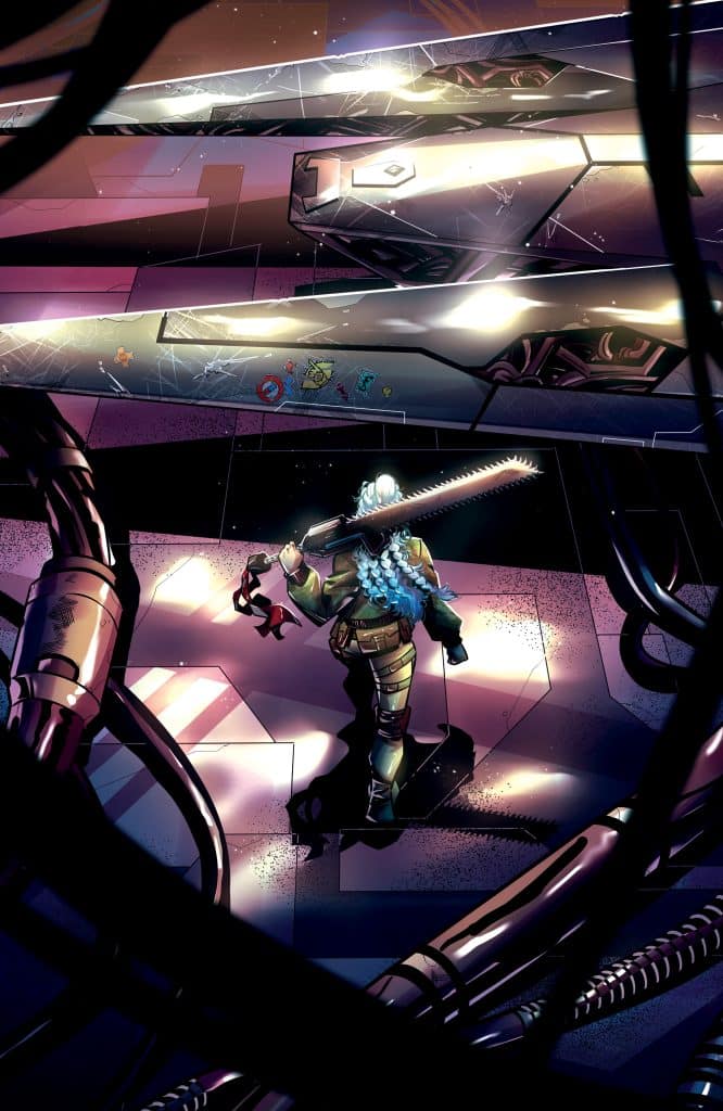 A character in tactical gear stands confidently holding a chainsaw, surrounded by futuristic machinery and wires, illuminated by colorful lights and reflections, set in a sci-fi environment.