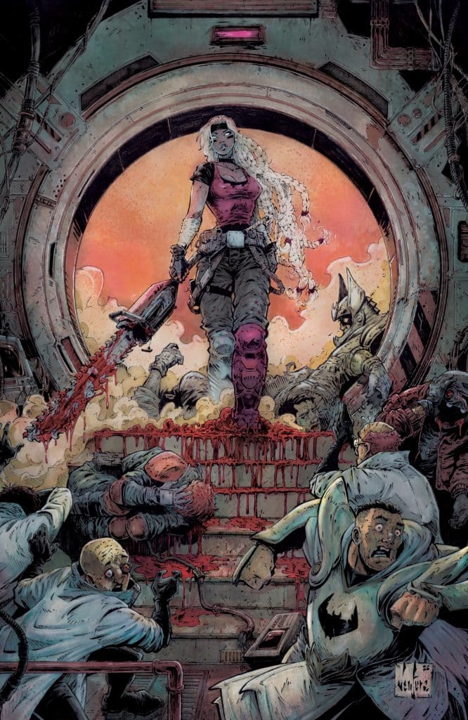 A female warrior stands confidently in a sci-fi setting, wielding a weapon with blood splattered on the ground, surrounded by defeated foes and a dramatic background.