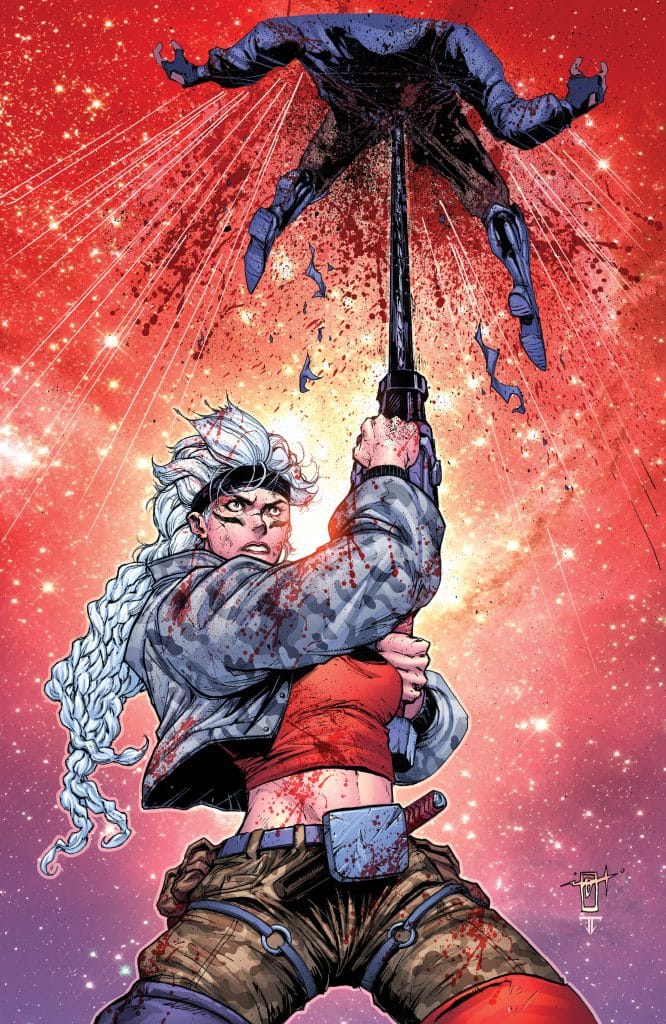 A fierce female character wielding a sword, covered in blood, against a vibrant cosmic background. She appears determined, showcasing strength and intensity.