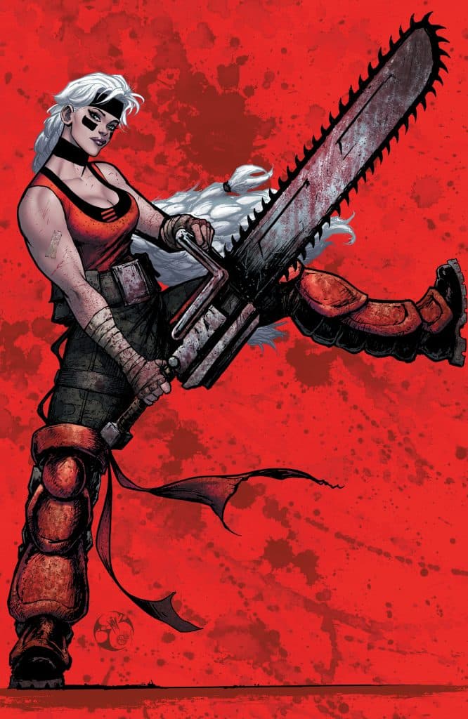 A strong female character wielding a large chainsaw, posed dynamically with one leg raised. She has white hair and wears a red top with dark pants and protective gear. The background is a vibrant red with splatter effects.