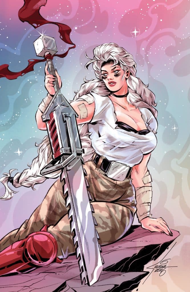 A female character with long, light hair holding a large sword and a hammer, wearing a white top and camouflage pants, with a red scarf flowing in the background of a colorful, starry sky.