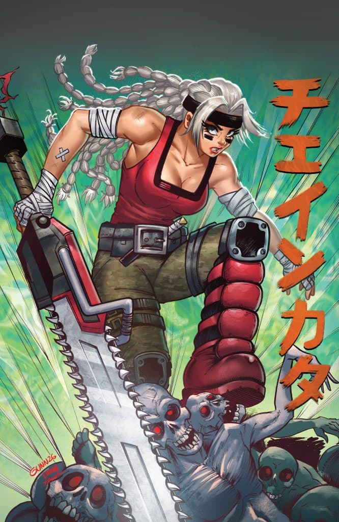 An illustrated character with white hair in braids, wielding a large chainsaw and standing over defeated zombie-like creatures, set against a vibrant green background with bold text.