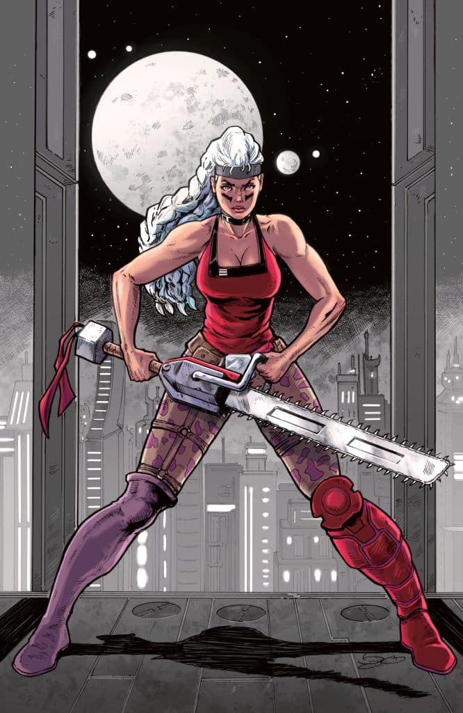 A fierce female character with long silver hair, wearing a red tank top and camo-patterned pants, stands confidently holding a chainsaw. The background features a moonlit cityscape with multiple moons in the sky.