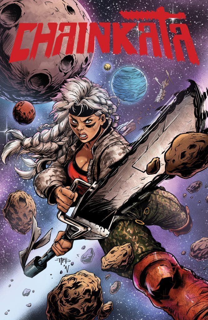 A fierce female character wielding a large chainsaw in a cosmic setting filled with asteroids and planets, with the title 'CHAINKATA' prominently displayed at the top.