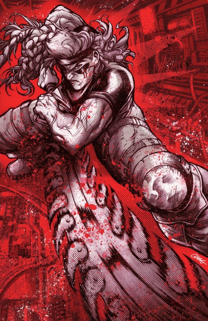 Illustration of a powerful character, featuring dynamic pose and intense expression, set against a bold red background with splashes of black and white.