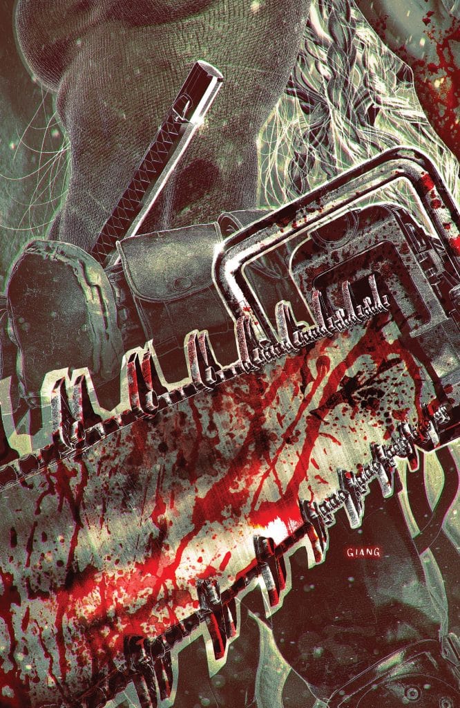 An artistic illustration featuring a chainsaw with blood splatters against a dark, textured background, suggesting a horror theme.