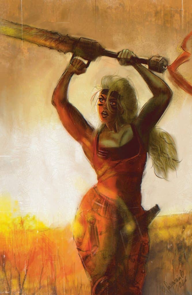 A strong female character raising a large weapon above her head, with a fierce expression. She is depicted against an orange and yellow background that suggests a dramatic setting.