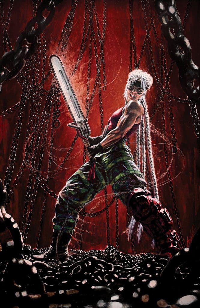 A muscular warrior stands triumphantly with a chainsaw in a dark, chain-filled environment, featuring a dramatic red background.