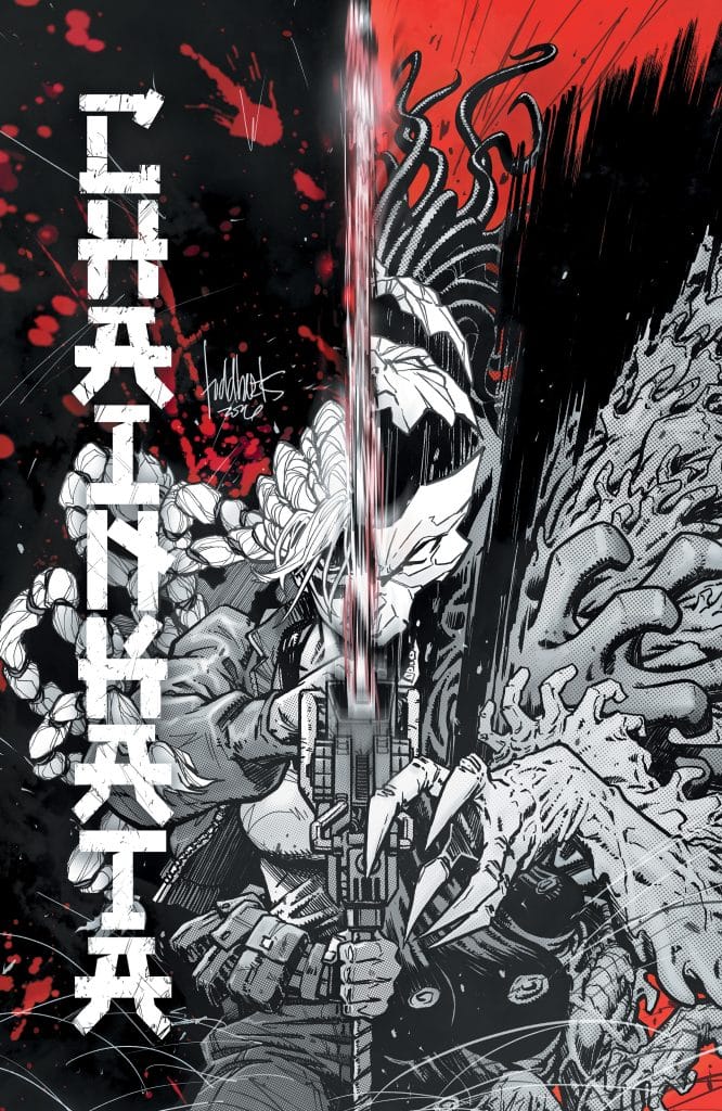 An illustrated comic cover for 'CHAINKATA' featuring a character holding a weapon with dramatic lighting and splashes of red and black ink, surrounded by abstract, chaotic elements.