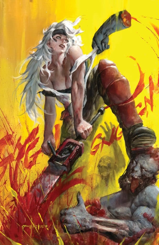 A fierce female character wielding a chainsaw stands triumphantly over a defeated opponent, surrounded by splashes of red paint on a vibrant yellow background.