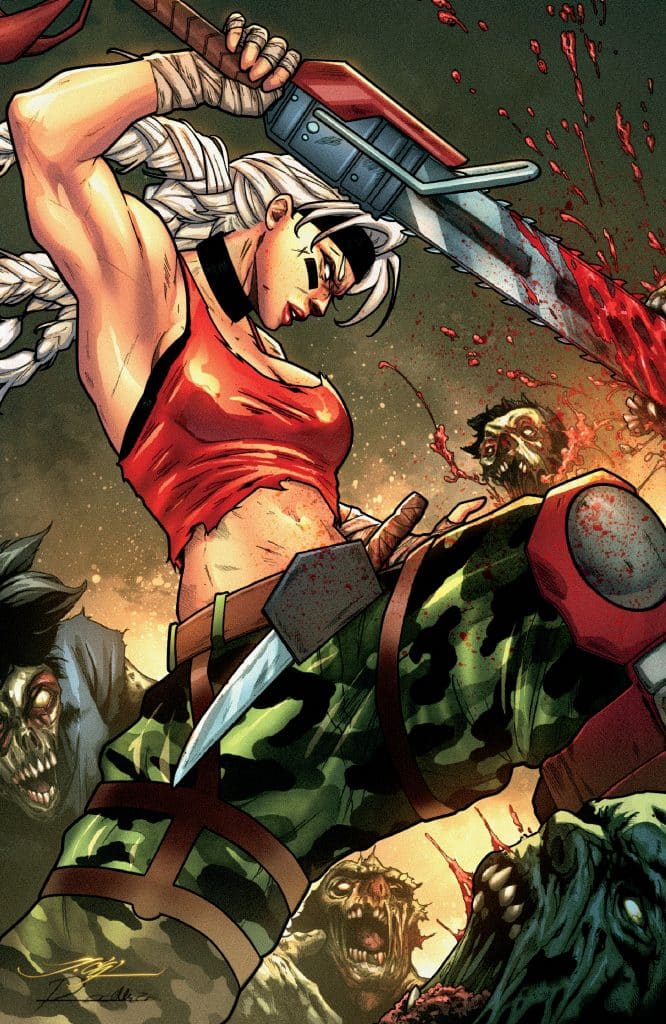 A fierce female character wielding a large cleaver, standing triumphantly over defeated zombies, with blood splatters surrounding her.