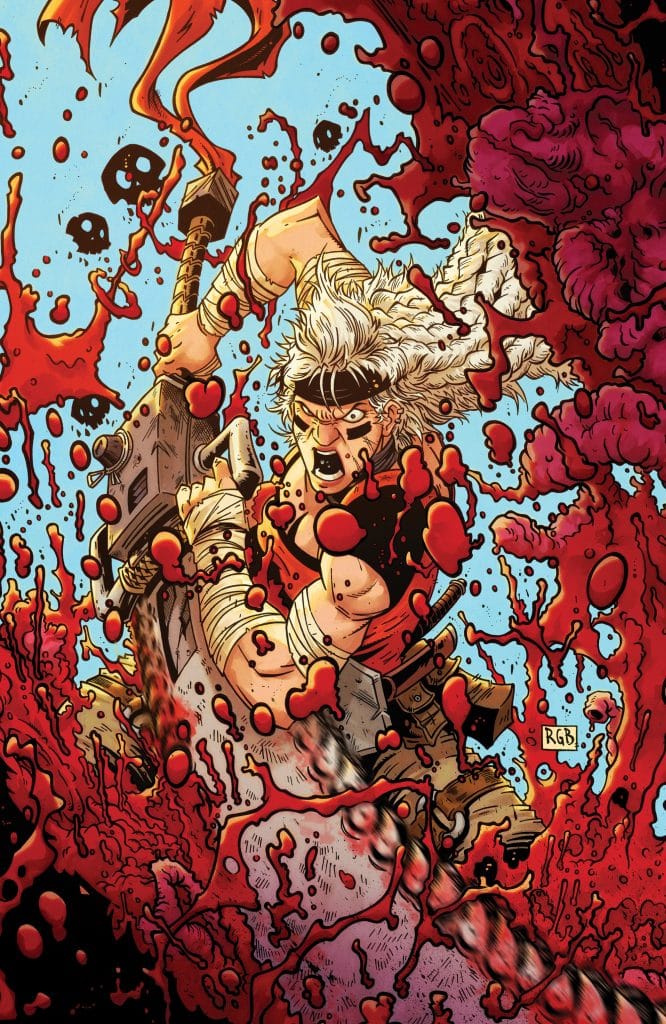 A muscular character with wild white hair and a headband, wielding a large weapon, surrounded by splashes of red liquid and dark skulls in a dynamic, action-packed comic book style.