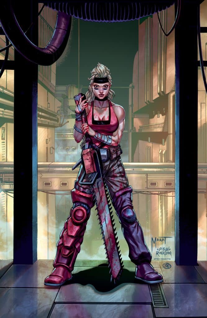 A fierce female character stands confidently with a chainsaw in a futuristic setting, wearing a red top and armored pants, showcasing a strong and bold look.