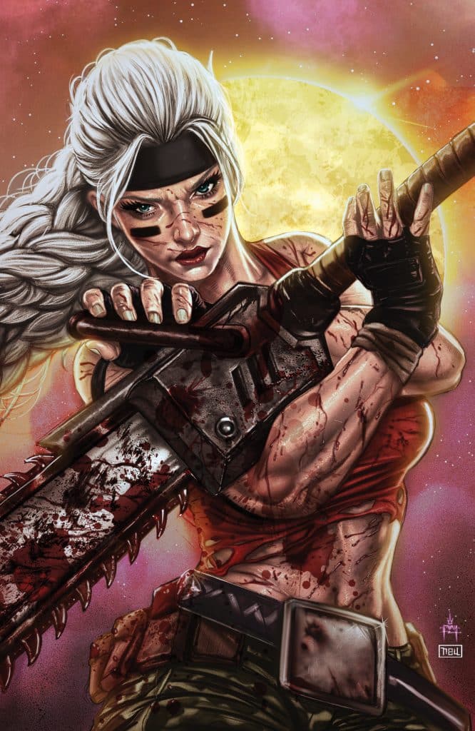 A fierce female character with long white hair holds a bloody chainsaw, displaying intense determination. She has facial scars and wears a sleeveless top, set against a vibrant cosmic background with a large moon.