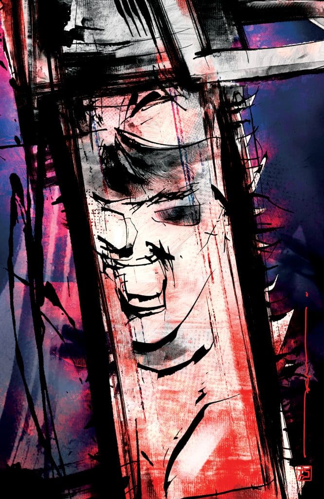 An abstract illustration featuring bold strokes and splashes of color, depicting a fragmented face with an intense expression against a dark, vibrant background.