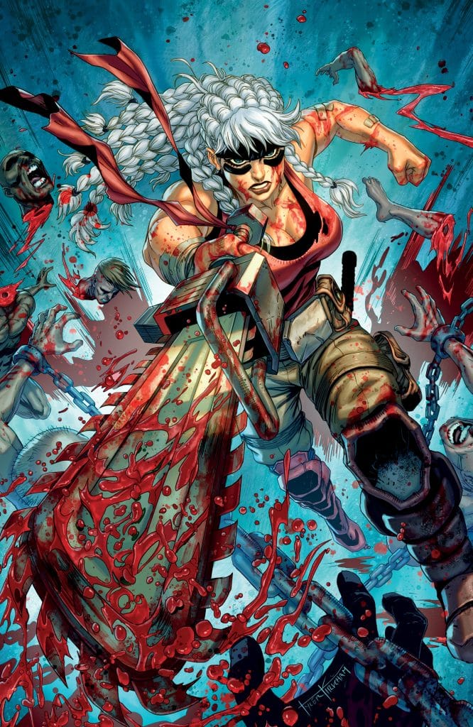 A fierce female character wielding a chainsaw covered in blood, charging through a chaotic scene with zombies and splattered blood. She has braided hair and is dressed in a tank top and combat gear, showcasing a determined expression.