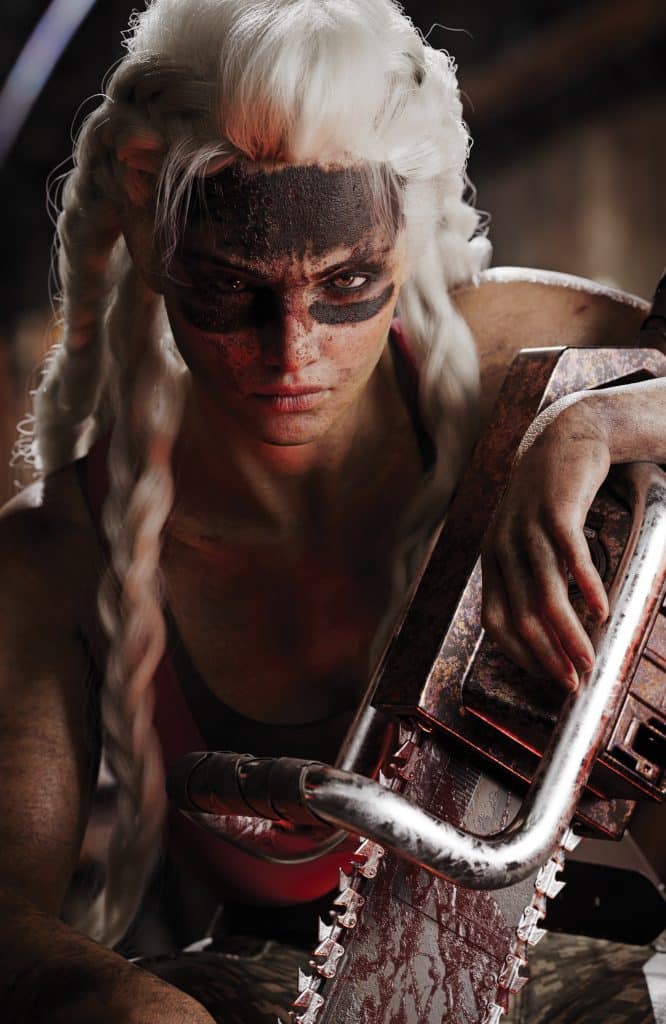 A close-up portrait of a fierce-looking character with braided white hair, wearing black face paint and dirt marks, holding a blood-stained chainsaw. The character has a serious expression, conveying a sense of strength and determination.