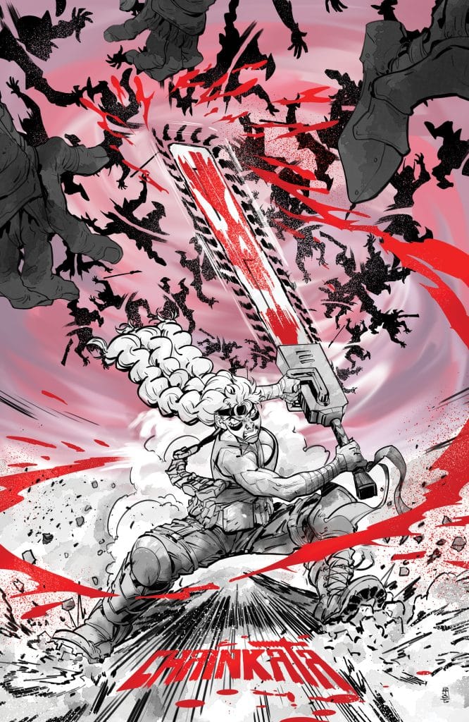 A fierce character wielding a chainsaw, surrounded by dynamic splashes of red and black silhouettes, showcasing an action-packed scene.