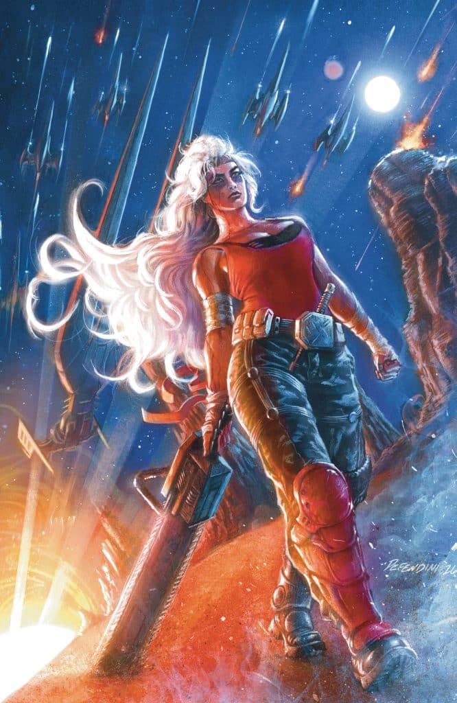A fierce female warrior with long white hair stands confidently on a barren landscape, holding a futuristic weapon. Her attire features a red top and combat-style pants, set against a backdrop of a starry sky with shooting stars and spaceships.