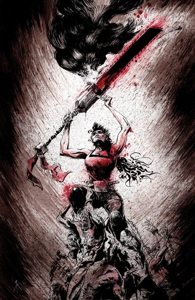 A fierce warrior raising a large sword above her head, surrounded by a dramatic swirl of dark clouds and blood, symbolizing a battle or victory.