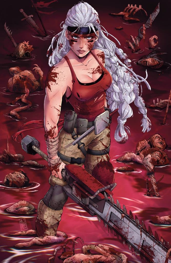 A fierce female warrior stands confidently in a pool of blood, wielding a chainsaw. She has white hair in a braid, wears a red top and utility pants, and displays battle scars on her face. The background is filled with ominous shadows of bodies and weapons, enhancing the dark and intense atmosphere.