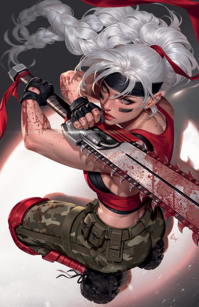 A fierce female warrior with white hair styled in braids, wearing a red top and camouflage pants, holds a large, bloodied blade while crouched in a dynamic pose.